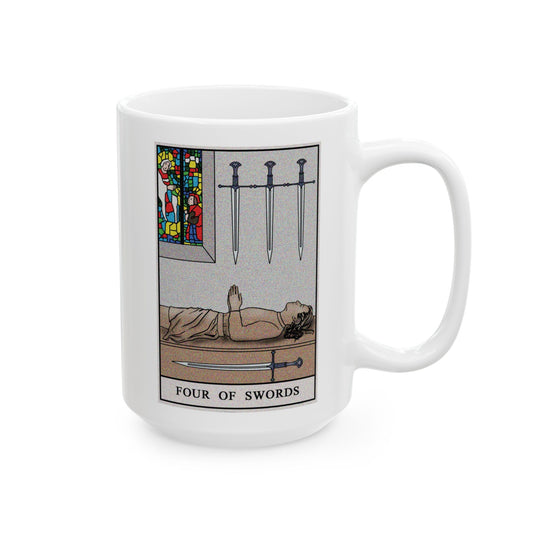 Four of Swords Tarot Card Coffee Mug - Double Sided White Ceramic 15oz by TheGlassyLass.com