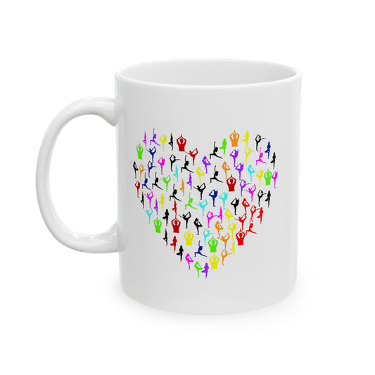 Rainbow Heart Yoga Coffee Mug - Double Sided White Ceramic 11oz by TheGlassyLass