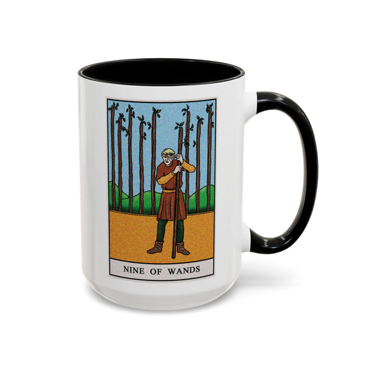 Nine of Wands Tarot Card Coffee Mug - Double Sided Black Accent White Ceramic 15oz by TheGlassyLass.com