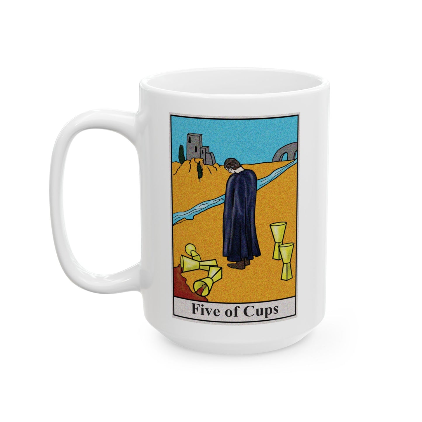 Five of Cups Tarot Card Coffee Mug - Double Sided White Ceramic 15oz by TheGlassyLass.com