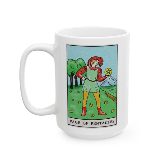 Page of Pentacles Tarot Card Coffee Mug - Double Sided White Ceramic 15oz by TheGlassyLass.com