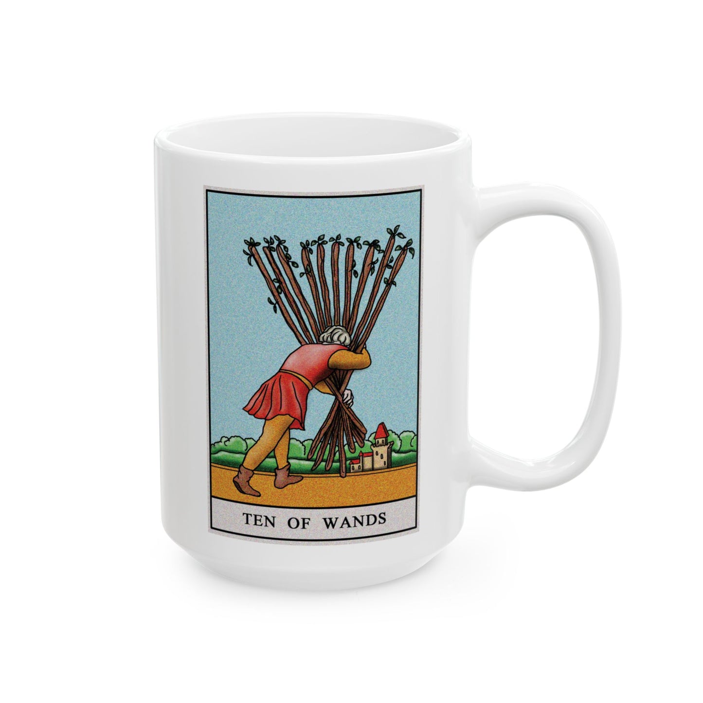 Ten of Wands Tarot Card Coffee Mug - Double Sided White Ceramic 15oz by TheGlassyLass.com