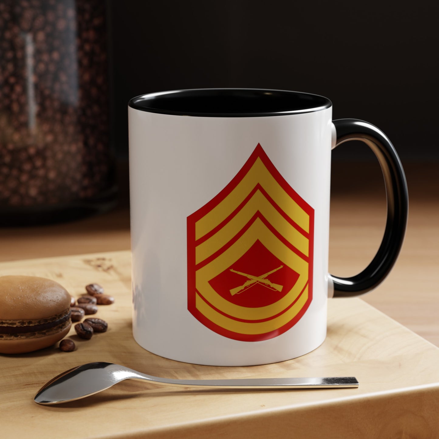 United States Marine Corps Gunnery Sergeant (E-7) Chevron Coffee Mug - Double Sided Black Accent White Ceramic 11oz - by TheGlassyLass.com