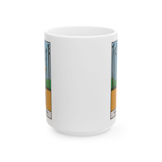 Nine of Wands Tarot Card Coffee Mug - Double Sided White Ceramic 15oz by TheGlassyLass.com