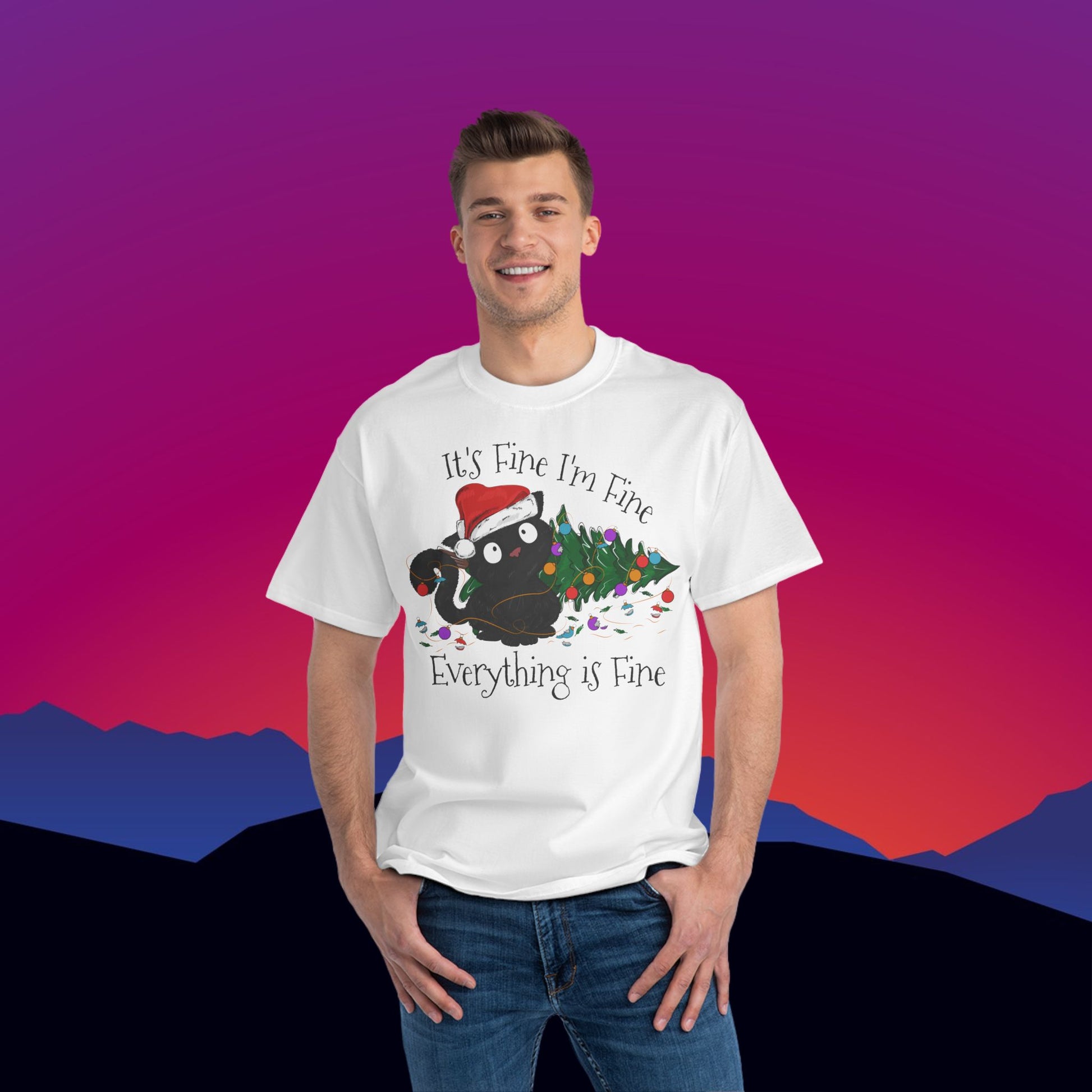 Christmas with Cats T-Shirt: (Hanes Beefy-T 100% Preshrunk Cotton Custom Printed by TheGlassyLass.com