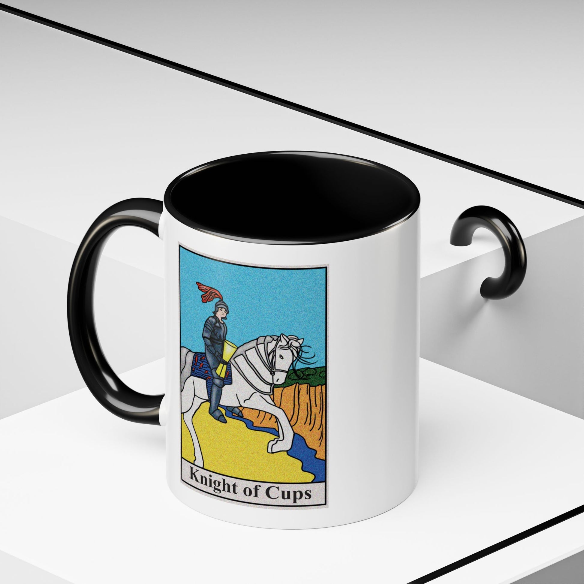 Knight of Cups Tarot Card Coffee Mug - Double Sided Print, Black Accent White Ceramic, 11oz by TheGlassyLass.com
