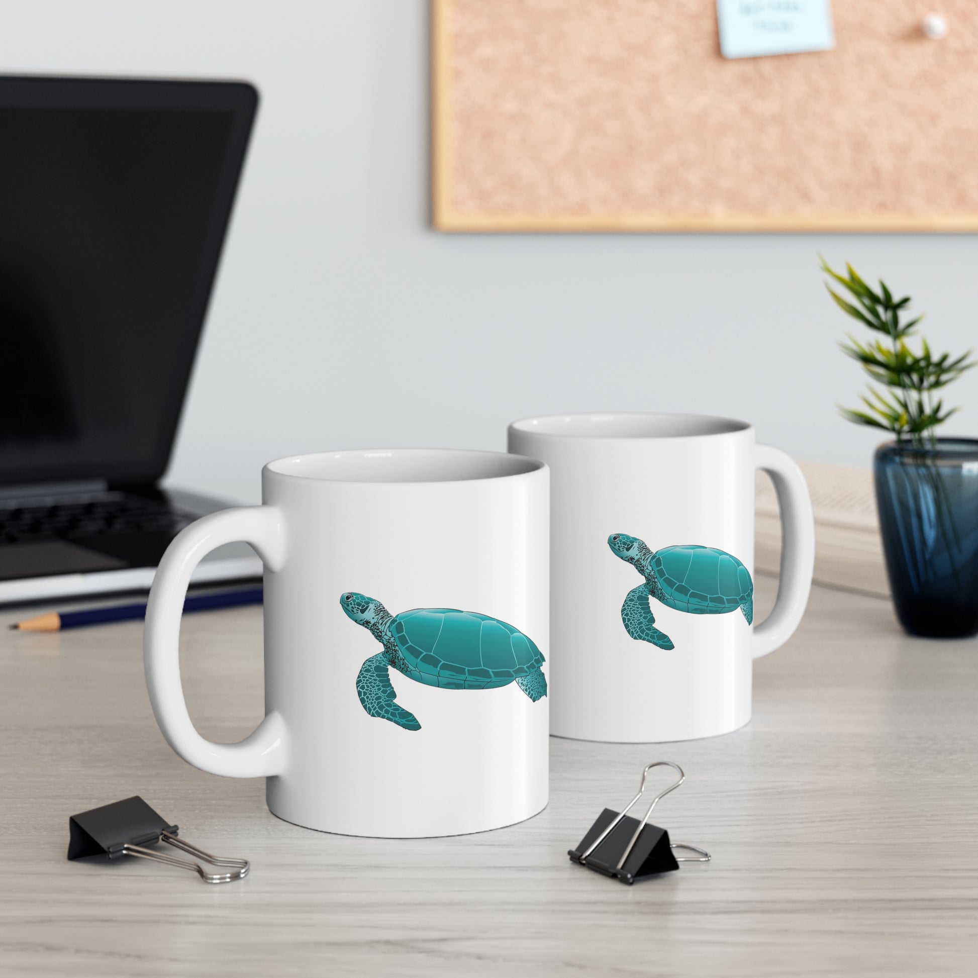 Sea Turtle Coffee Mug - Double Sided White Ceramic 11oz by TheGlassyLass.com