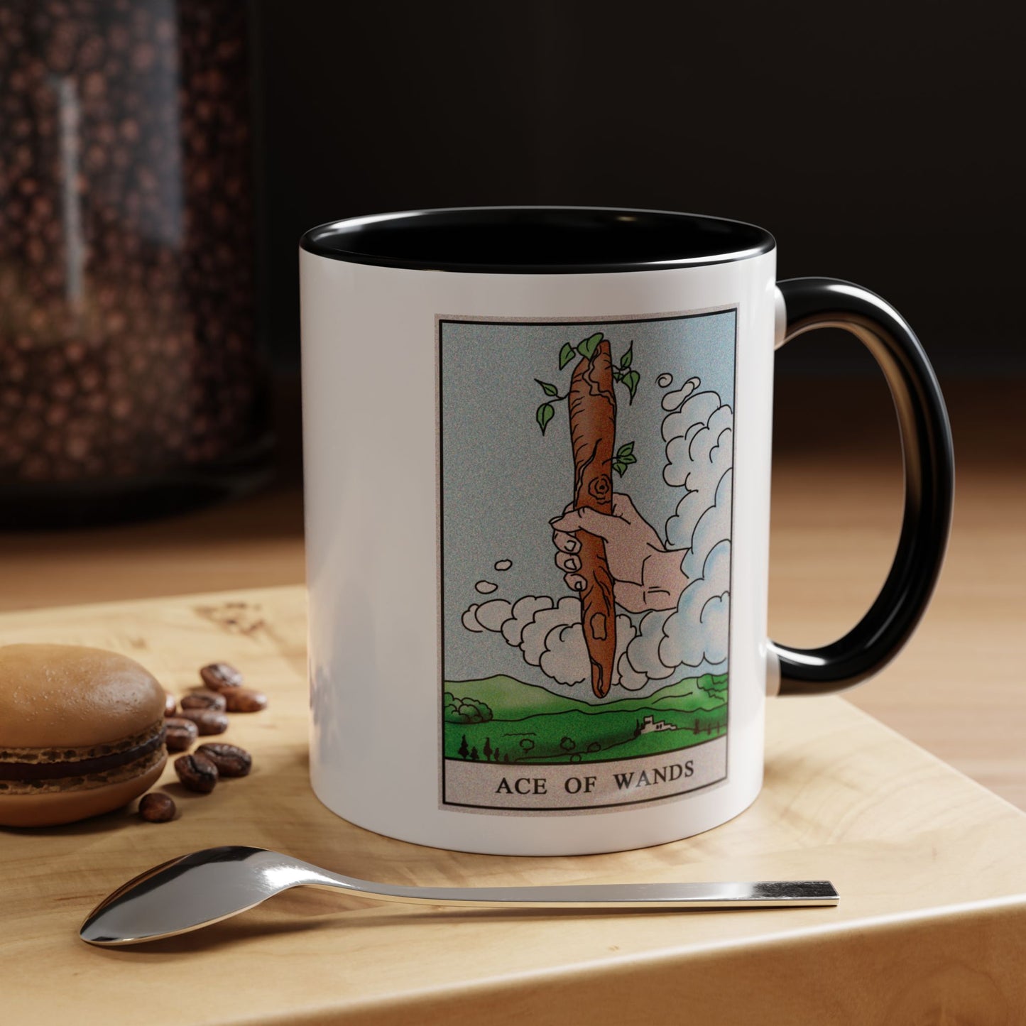 Ace of Wands Tarot Card Coffee Mug - Double Sided Print, Black Accent White Ceramic, 11oz by TheGlassyLass.com