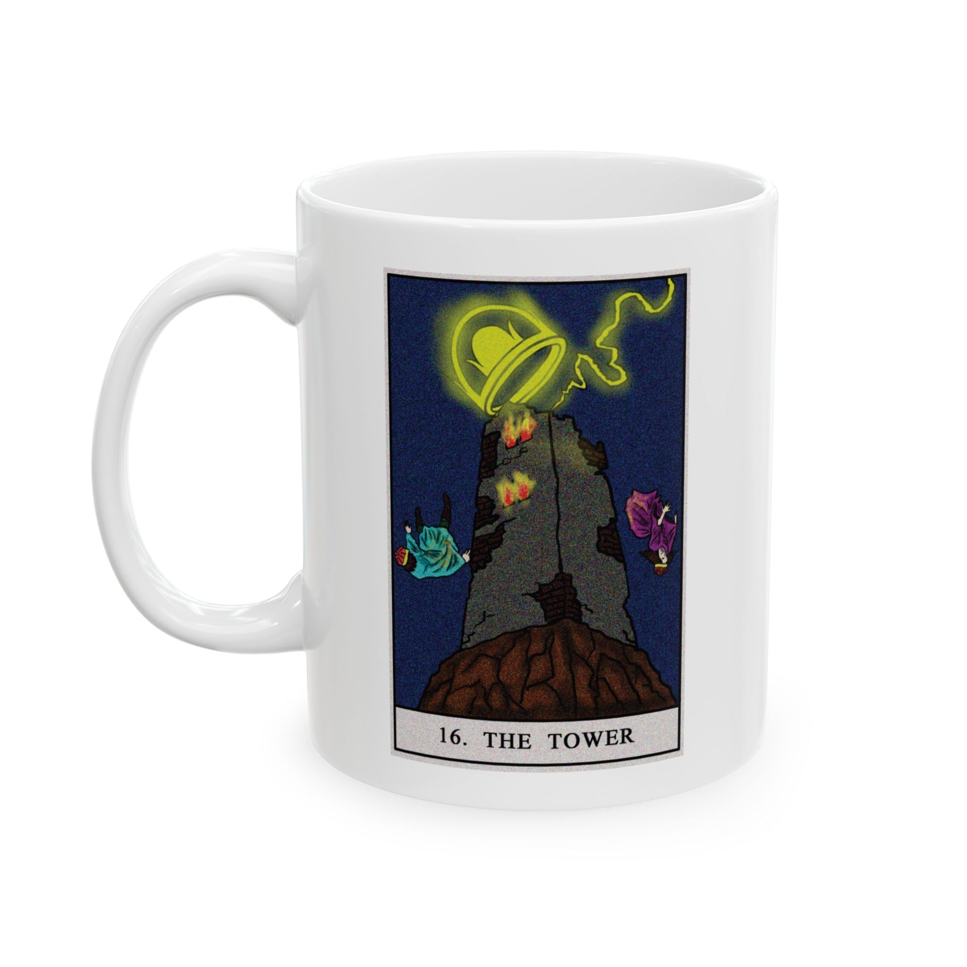 The Tower Tarot Card Coffee Mug - Double Sided Print, White Ceramic, 11oz by TheGlassyLass.com