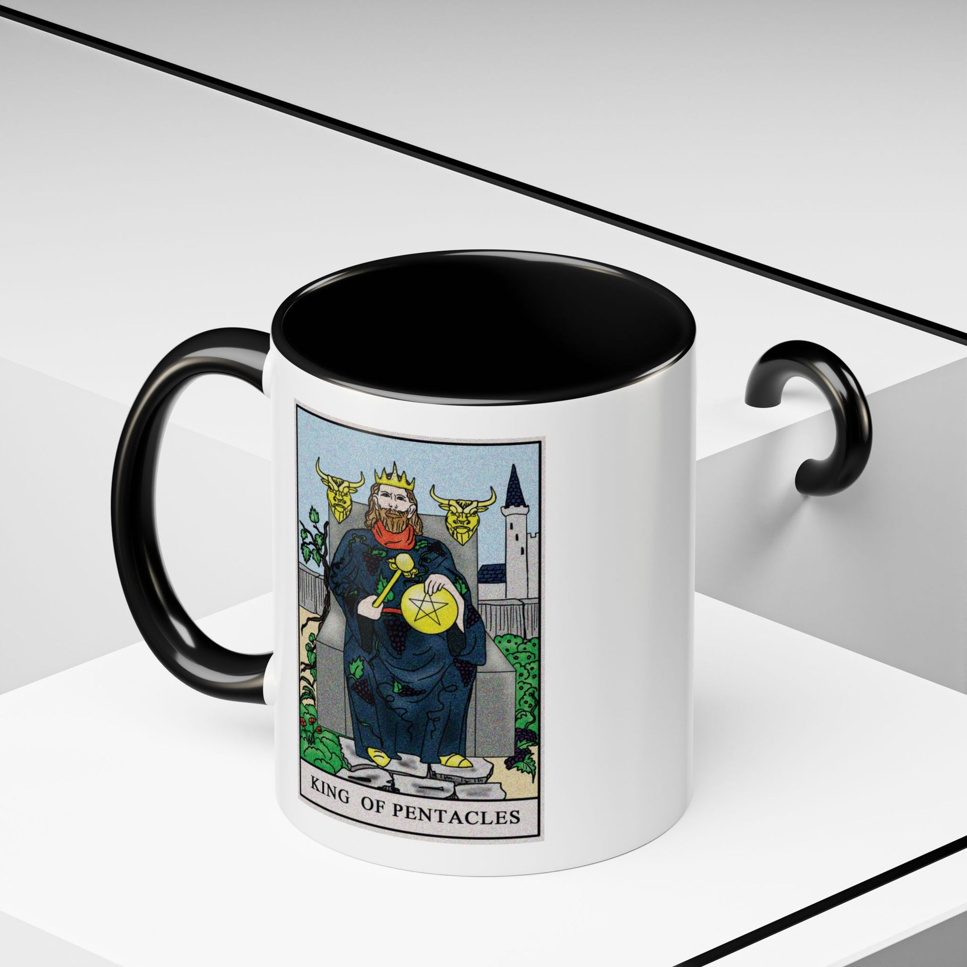 King of Pentacles Tarot Card Coffee Mug - Double Sided Print, Black Accent White Ceramic, 11oz by TheGlassyLass.com