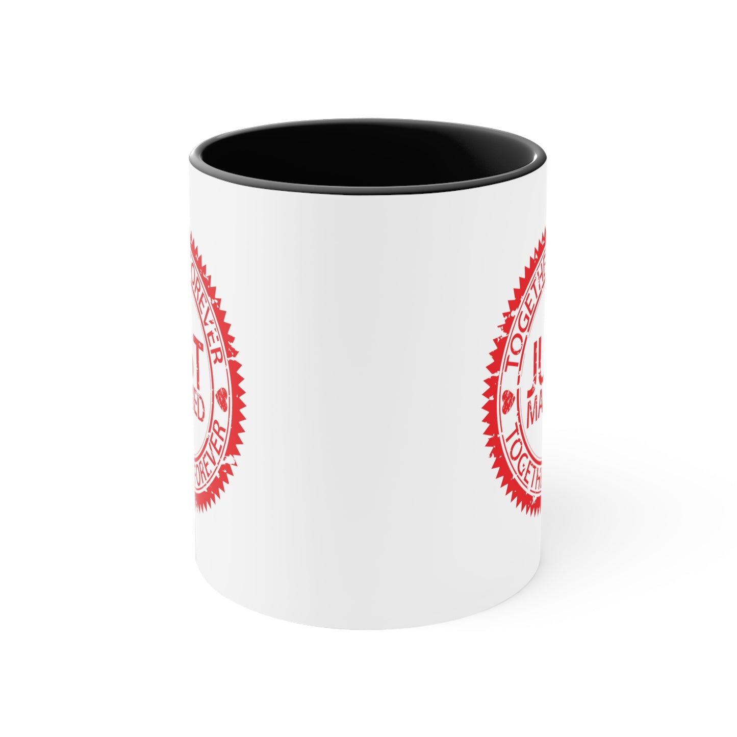 Just Married Coffee Mug - Double Sided Black Accent White Ceramic 11oz by TheGlassyLass.com