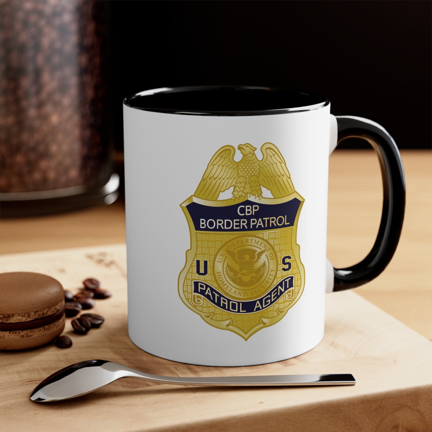 US CBP Patrol Agent Badge Coffee Mug - Double Sided Black Accent White Ceramic 11oz by TheGlassyLass.com