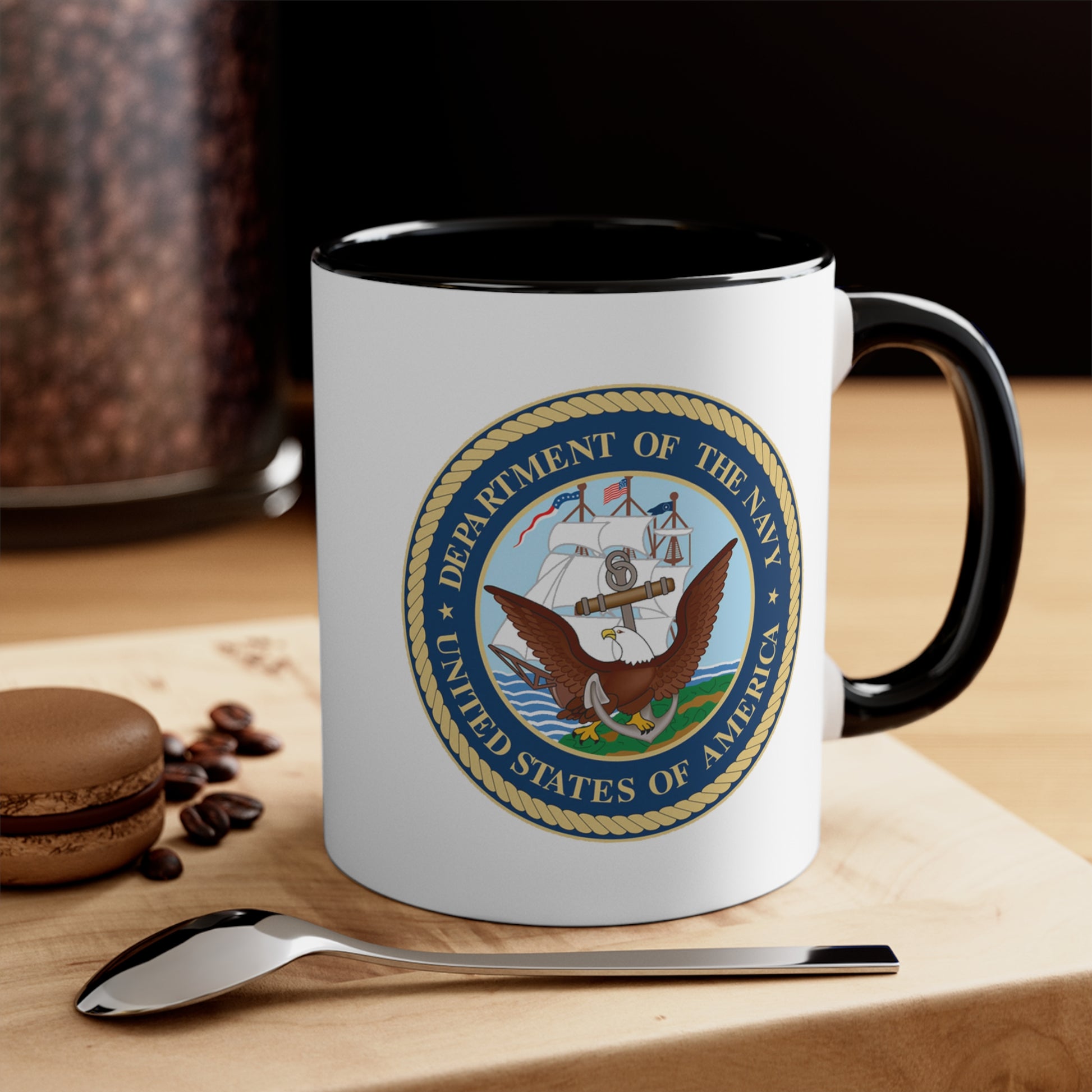 Navy Department Coffee Mug - Double Sided Black Accent White Ceramic 11oz by TheGlassyLass.com
