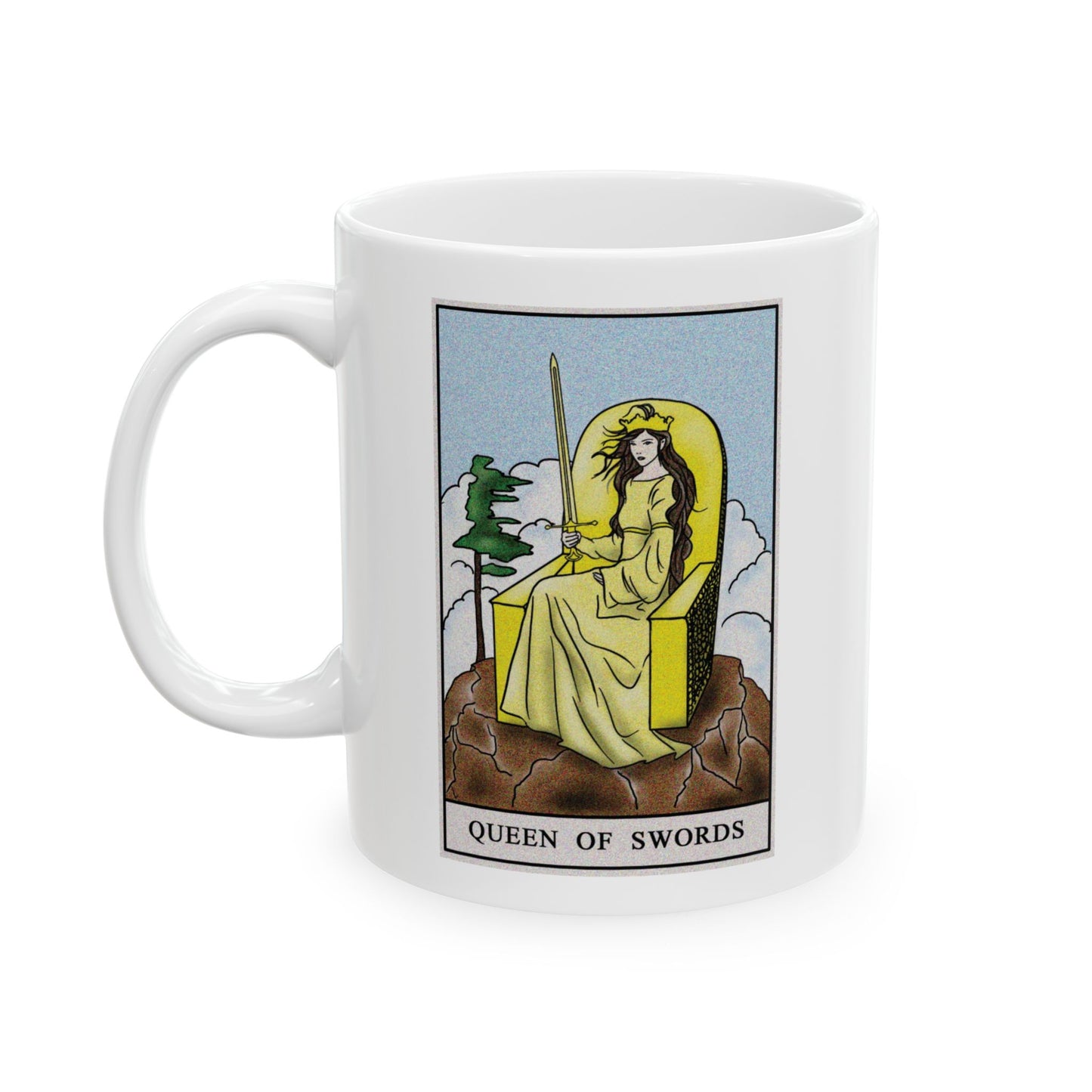 Queen of Swords Tarot Card Coffee Mug - Double Sided Print, White Ceramic, 11oz by TheGlassyLass.com
