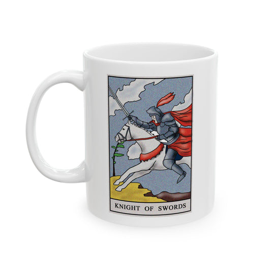 Knight of Swords Tarot Card Coffee Mug - Double Sided Print, White Ceramic, 11oz by TheGlassyLass.com