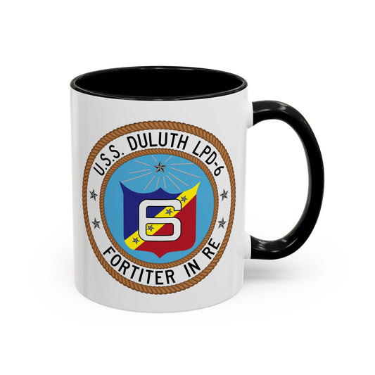 USS Duluth LPD-6 Crest Coffee Mug - Double Sided Print, Black Accent White Ceramic, 11oz by TheGlassyLass.com