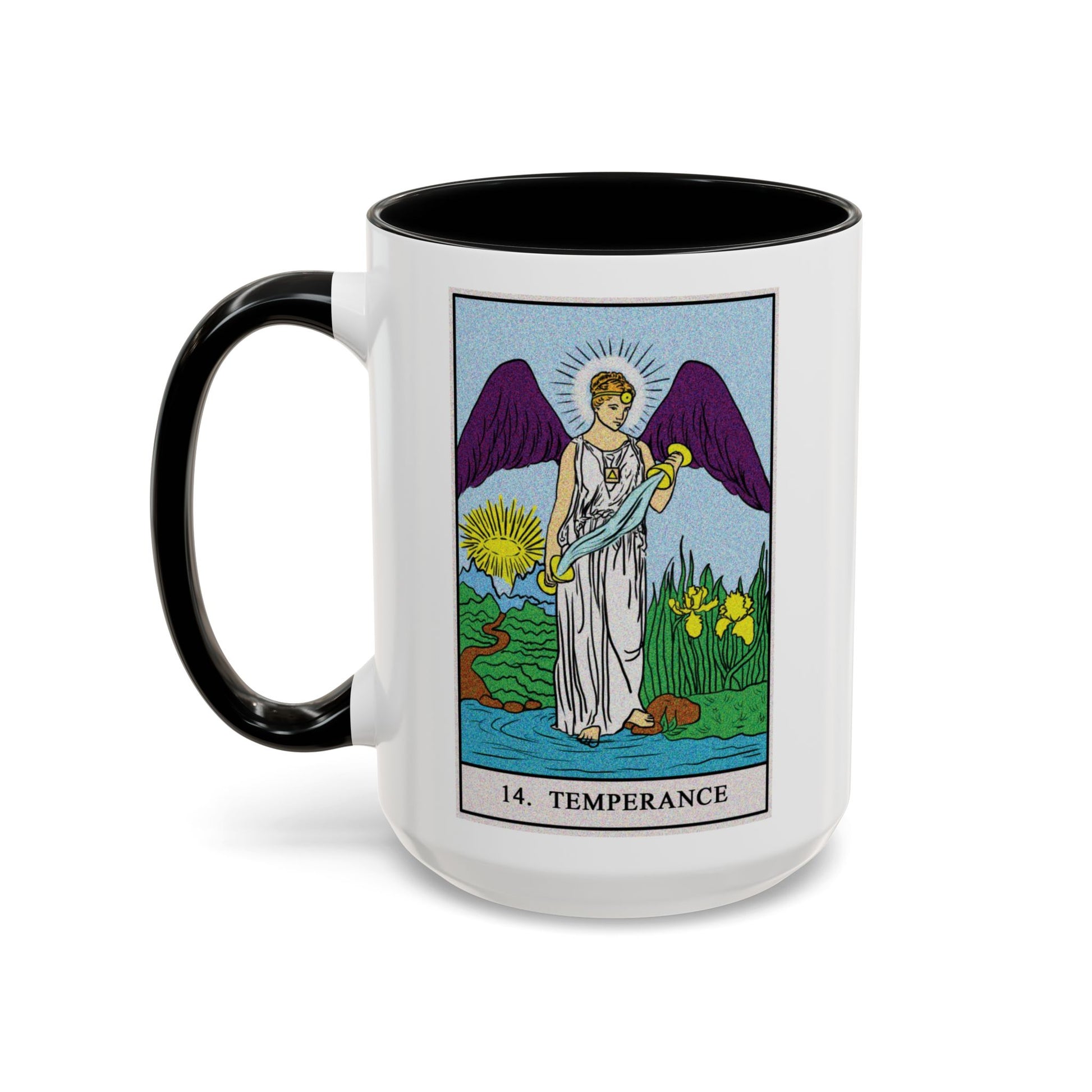 Temperance Tarot Card Coffee Mug - Double Sided Black Accent White Ceramic 15oz by TheGlassyLass.com