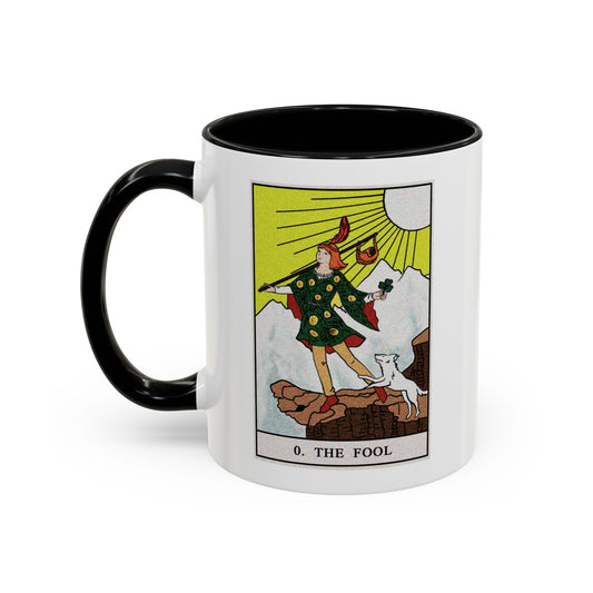 The Fool Tarot Card Coffee Mug - Double Sided Print, Black Accent White Ceramic, 11oz by TheGlassyLass.com