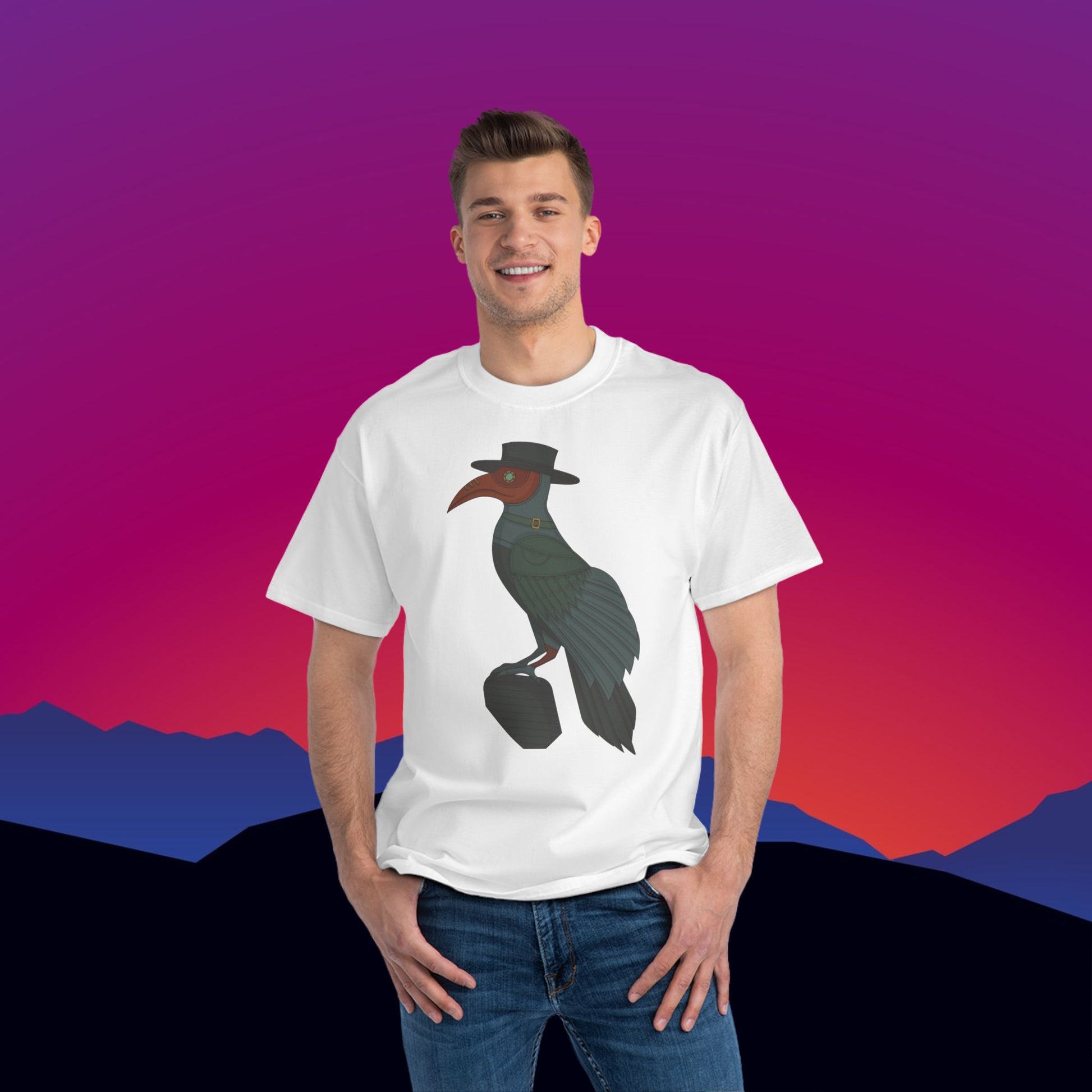 Steampunk Raven T-Shirt: (Hanes Beefy-T 100% Preshrunk Cotton Custom Printed by TheGlassyLass.com