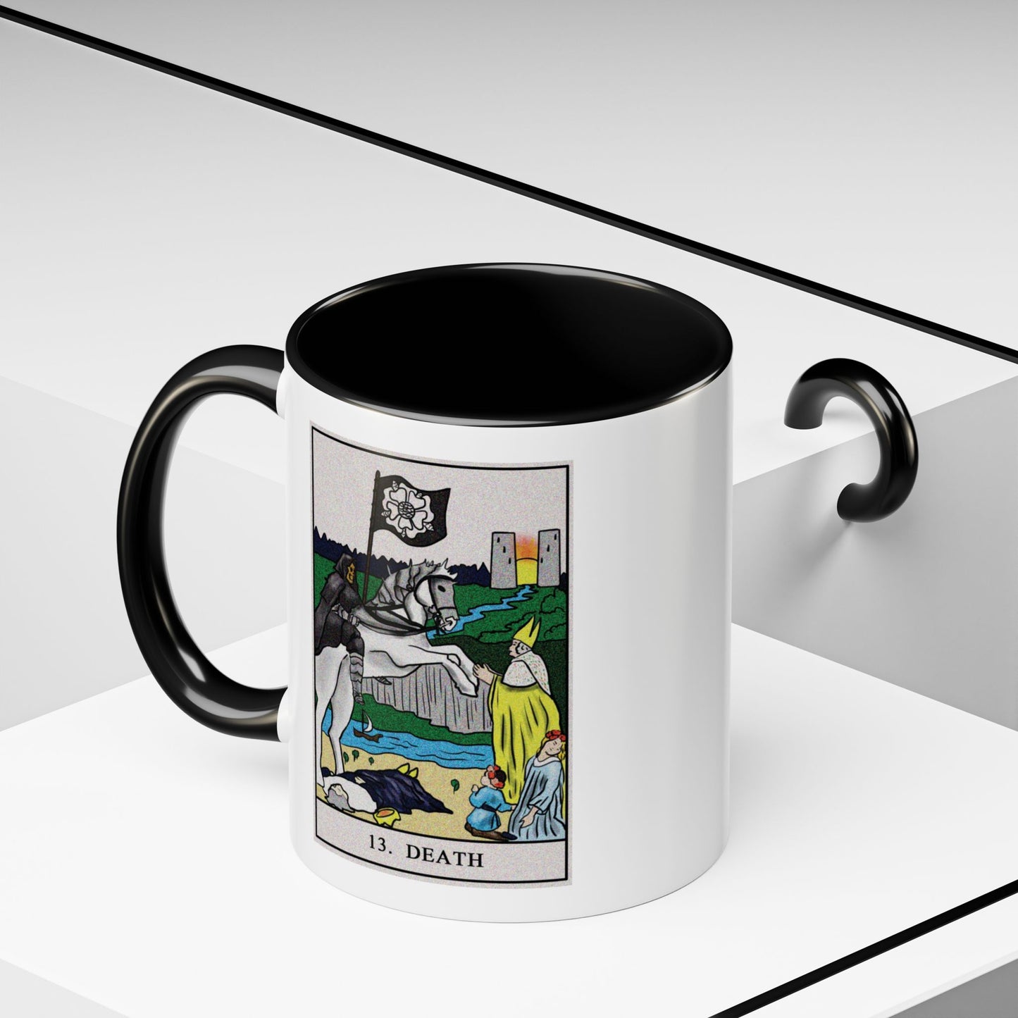 Death Tarot Card Coffee Mug - Double Sided Print, Black Accent White Ceramic, 11oz by TheGlassyLass.com