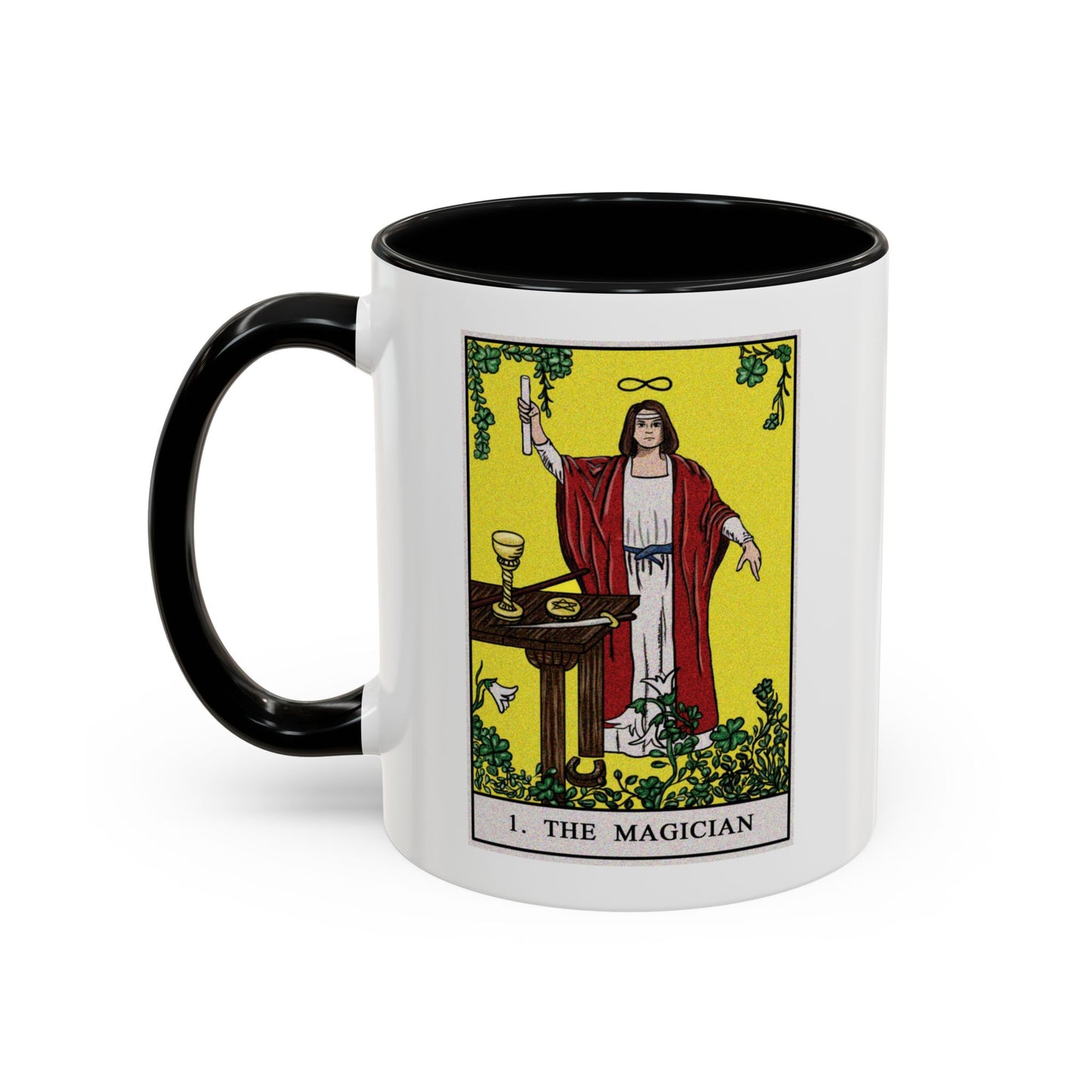 The Magician Tarot Card Coffee Mug - Double Sided Print, Black Accent White Ceramic, 11oz by TheGlassyLass.com