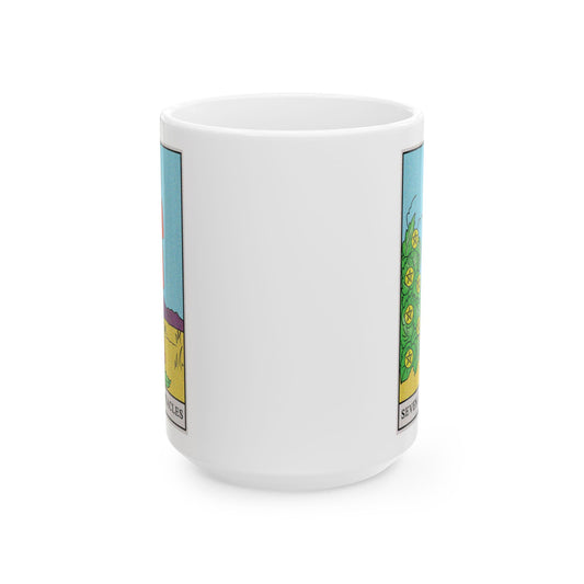 Seven of Pentacles Tarot Card Coffee Mug - Double Sided White Ceramic 15oz by TheGlassyLass