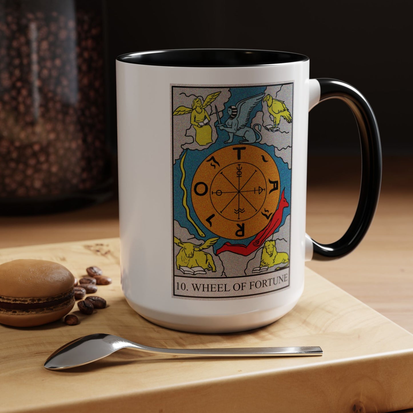 The Wheel of Fortune Tarot Card Coffee Mug - Double Sided Black Accent White Ceramic 15oz by TheGlassyLass.com