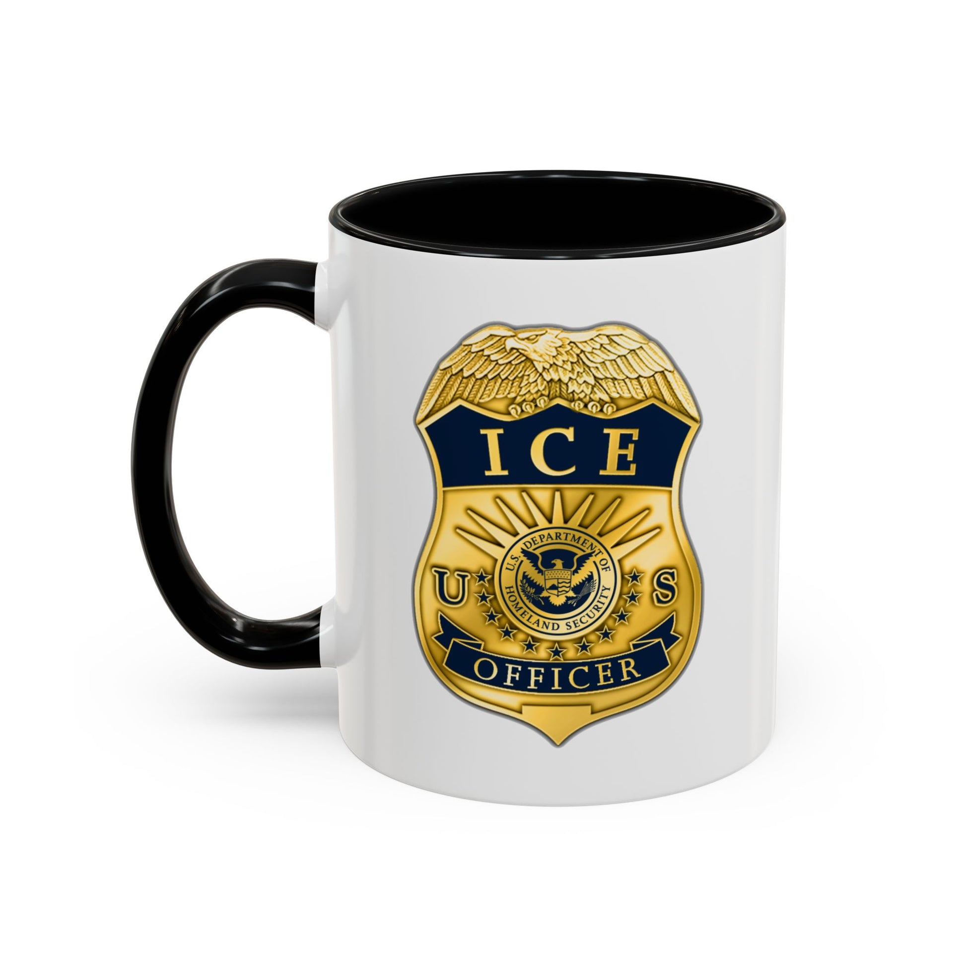ICE Immigration and Customs Enforcement Badge Coffee Mug - Double Sided Black Accent White Ceramic 11oz by TheGlassyLass.com