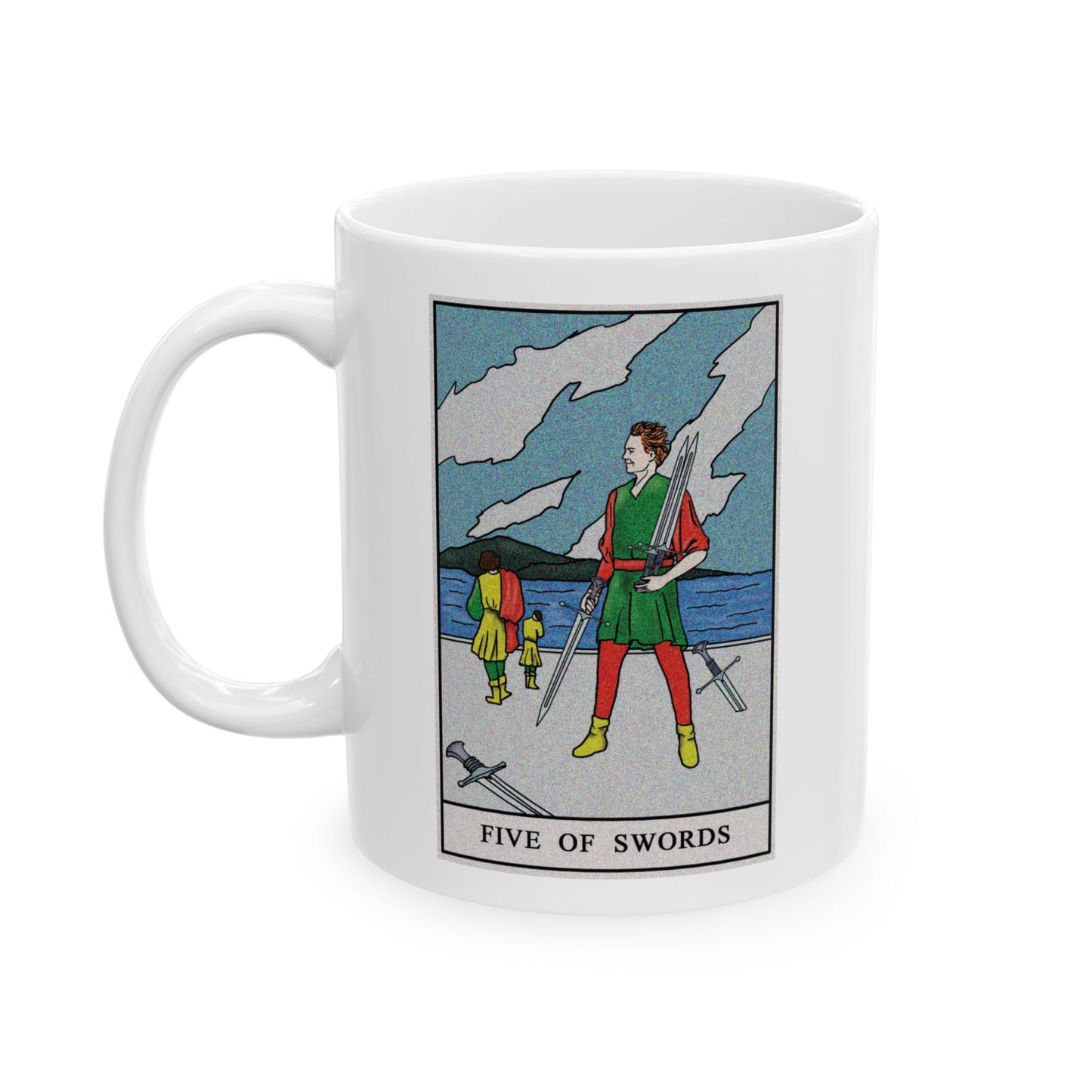 Five of Swords Tarot Card Coffee Mug - Double Sided Print, White Ceramic, 11oz by TheGlassyLass.com