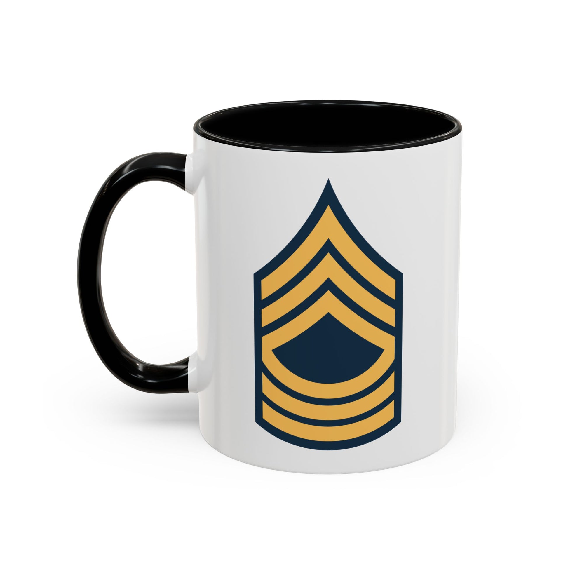 US Army Master Sergeant (E-8) Stripes Coffee Mug - Double Sided Print, Black Accent White Ceramic, 11oz by TheGlassyLass.com