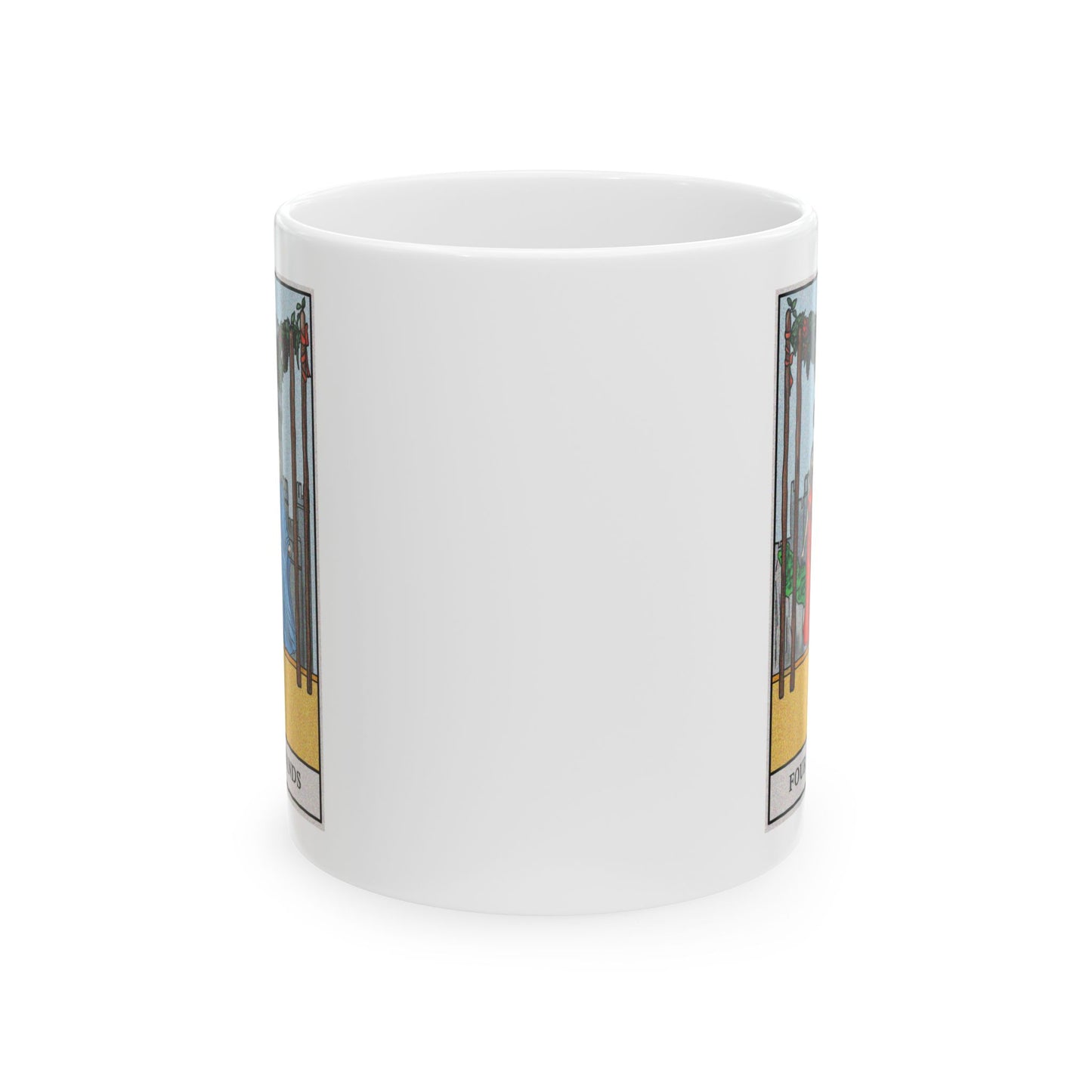 Four of Wands of Wands Tarot Card Coffee Mug - Double Sided Print, White Ceramic, 11oz by TheGlassyLass