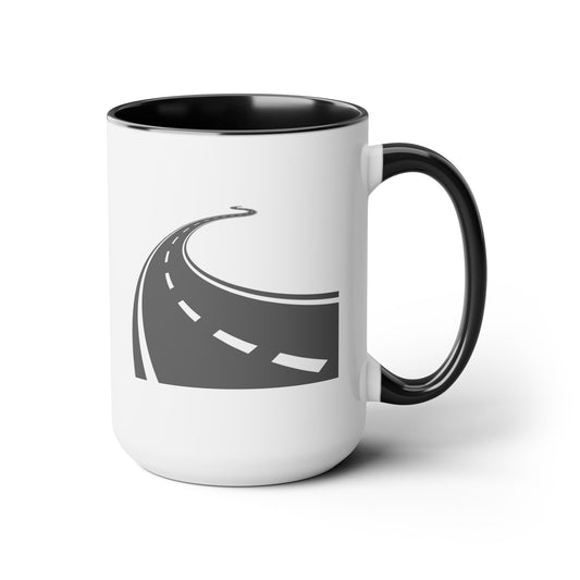 Long and Winding Road Coffee Mugs - Double Sided Black Accent White Ceramic 15oz by TheGlassyLass.com