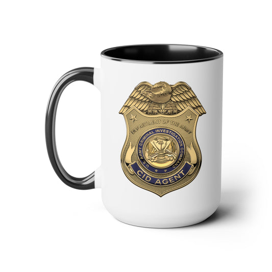 Army CID Agent Badge Coffee Mug - Double Sided Black Accent White Ceramic 15oz by TheGlassyLass