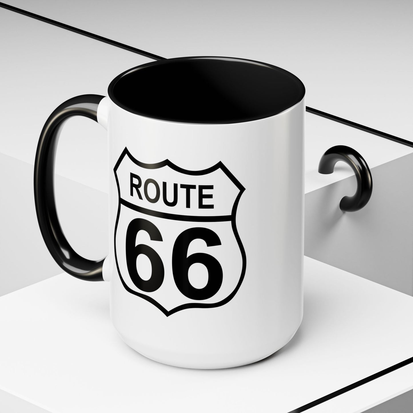 Route 66 Highway Sign Coffee Mug - Double Sided Black Accent White Ceramic 15oz by TheGlassyLass.com