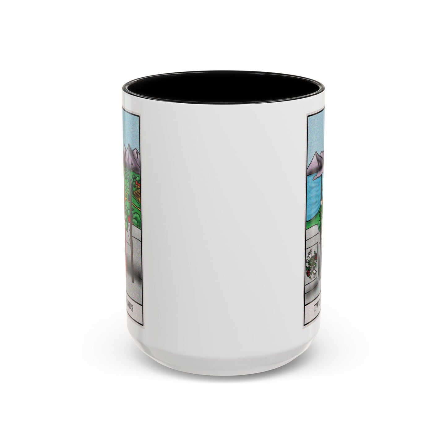 Two of Wands Tarot Card Coffee Mug - Double Sided Black Accent White Ceramic 15oz by TheGlassyLass.com