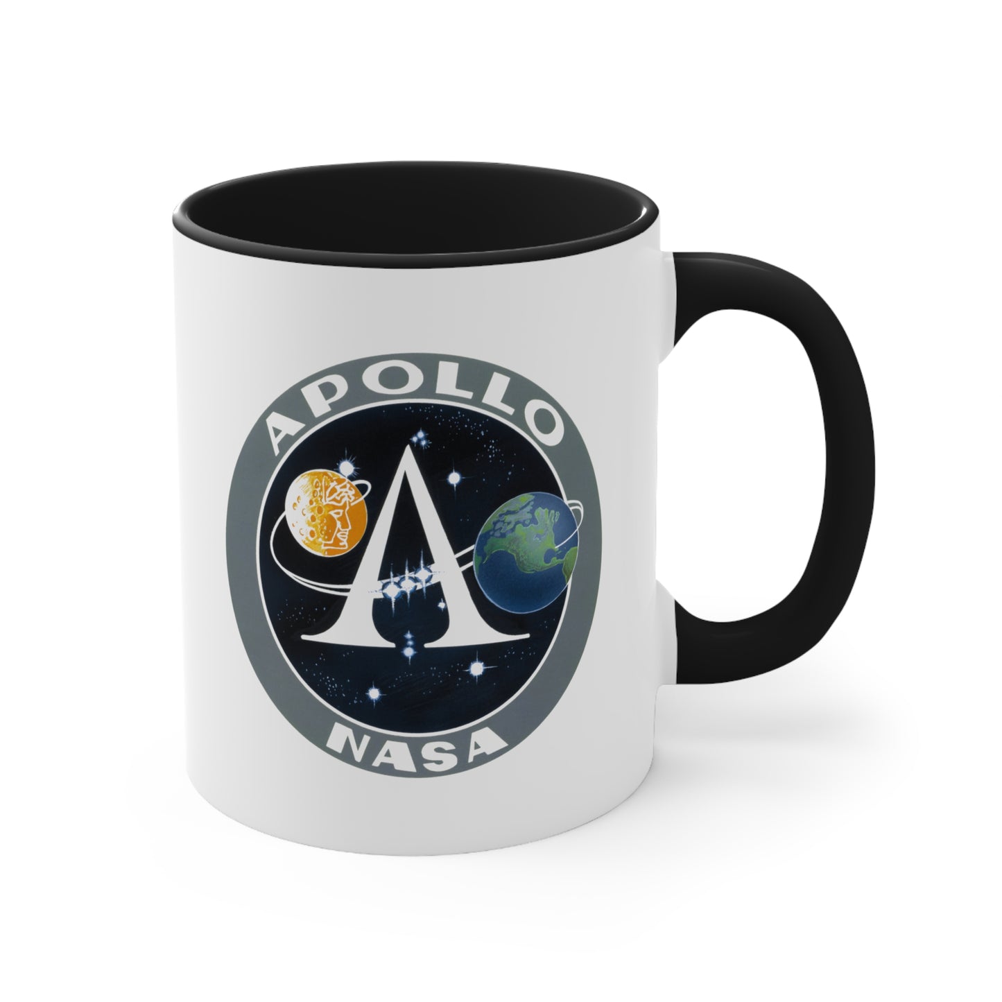 NASA Apollo Program Coffee Mug - Double Sided Black Accent White Ceramic 11oz by TheGlassyLass