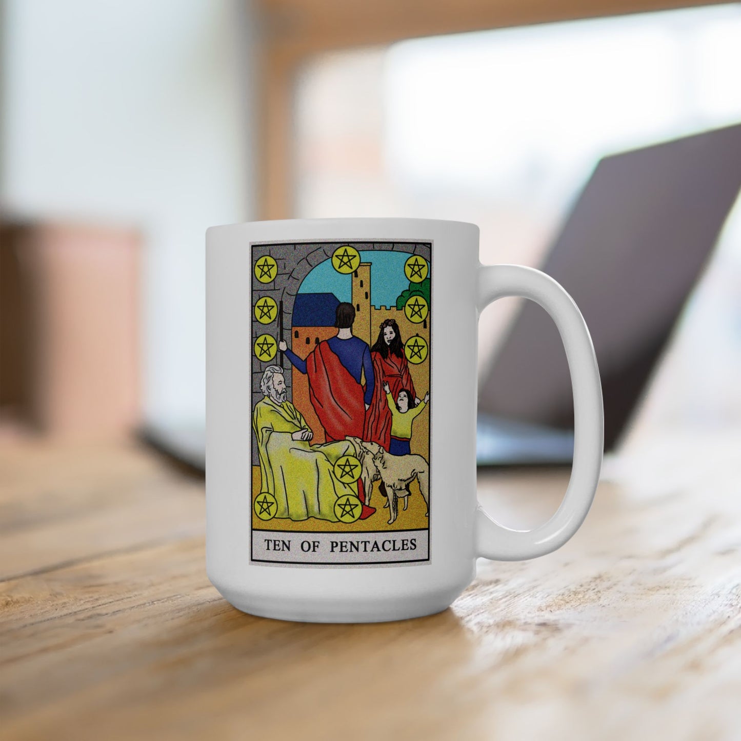 Ten of Pentacles Tarot Card Coffee Mug - Double Sided White Ceramic 15oz by TheGlassyLass.com