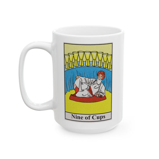 Nine of Cups Tarot Card Coffee Mug - Double Sided White Ceramic 15oz by TheGlassyLass.com
