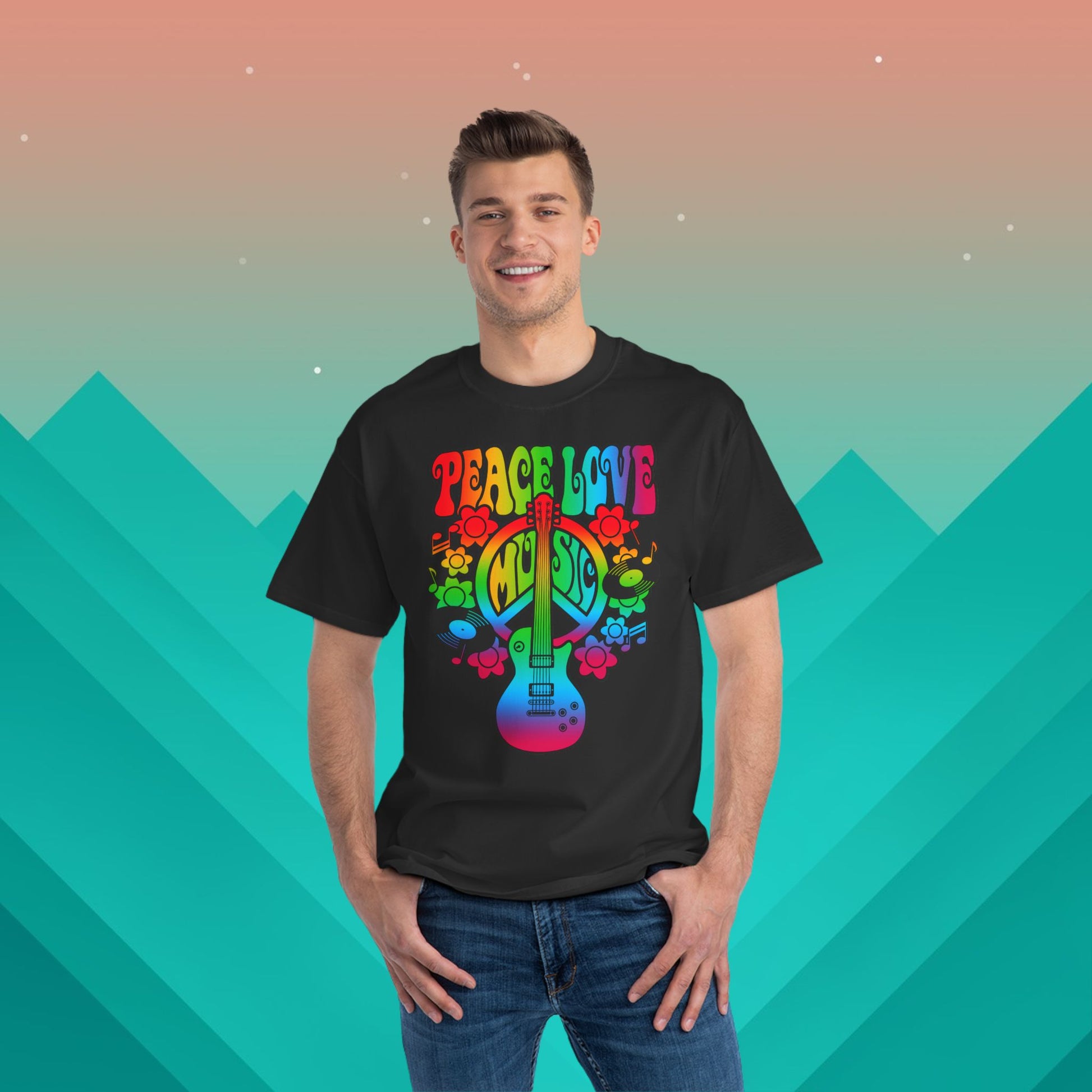 Peace Love Music Hippie T-Shirt: (Hanes Beefy-T 100% Preshrunk Cotton Custom Printed by TheGlassyLass.com