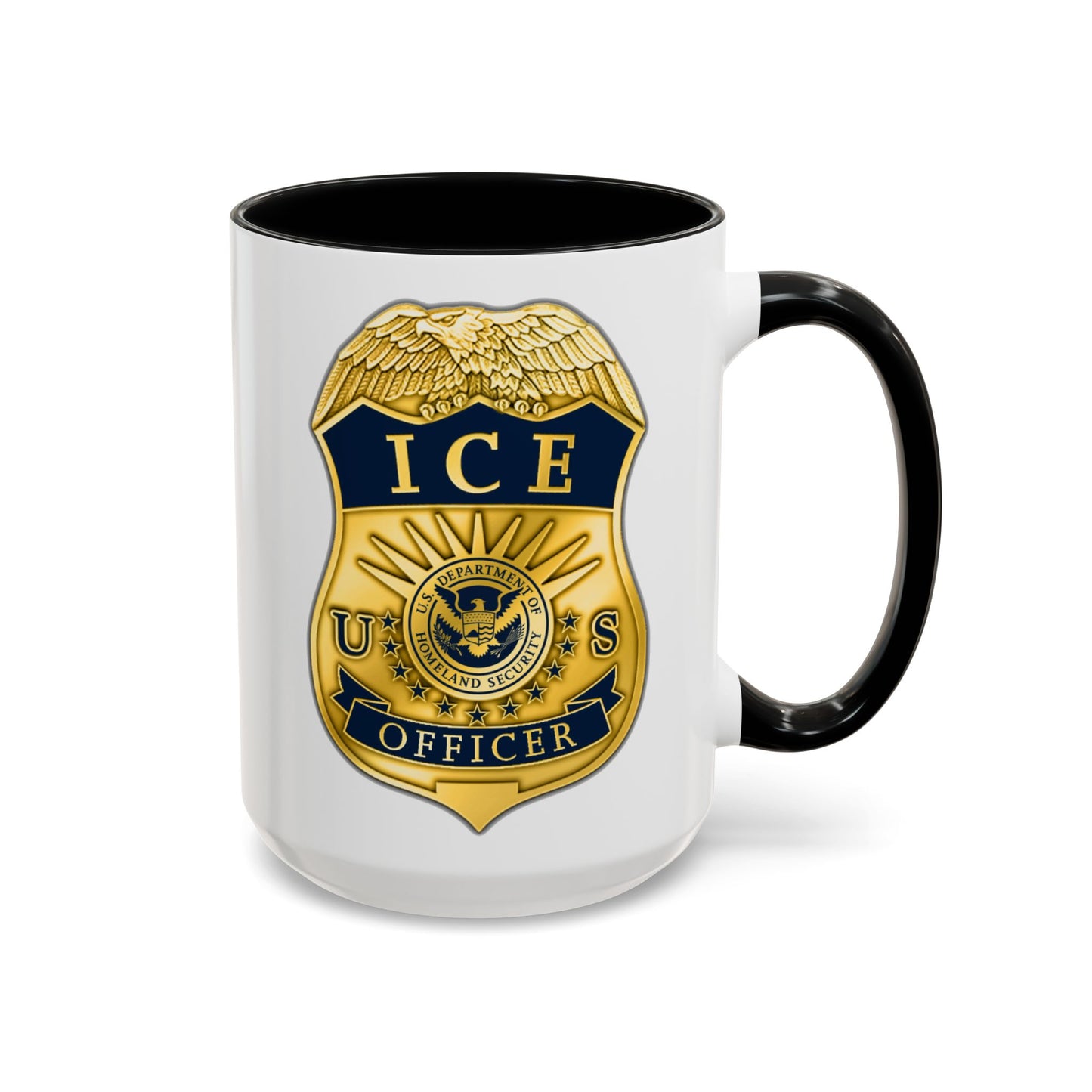 ICE Immigration and Customs Enforcement Badge Coffee Mug - Double Sided Black Accent White Ceramic 15oz by TheGlassyLass.com