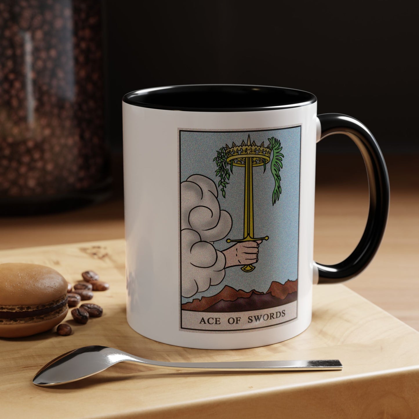 Ace of Swords Tarot Card Coffee Mug - Double Sided Print, Black Accent White Ceramic, 11oz by TheGlassyLass.com