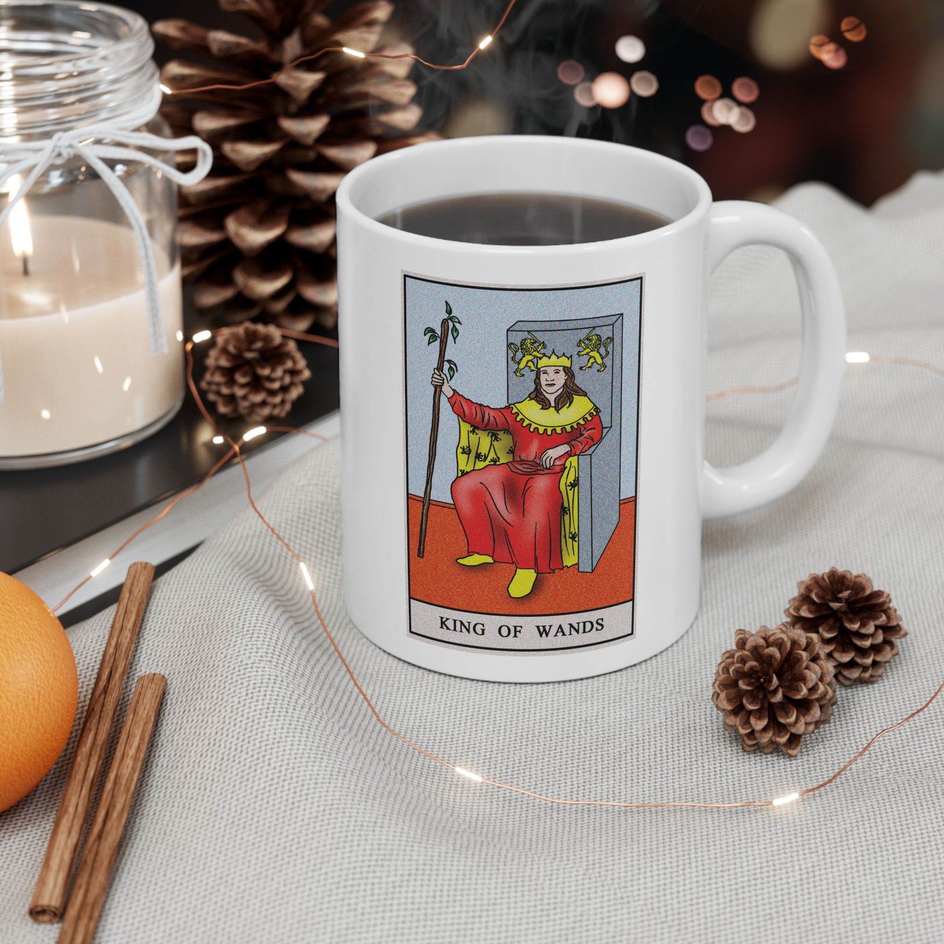 King of Wands of Wands Tarot Card Coffee Mug - Double Sided Print, White Ceramic, 11oz by TheGlassyLass.com