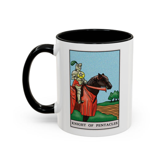 Knight of Pentacles Tarot Card Coffee Mug - Double Sided Print, Black Accent White Ceramic, 11oz by TheGlassyLass.com