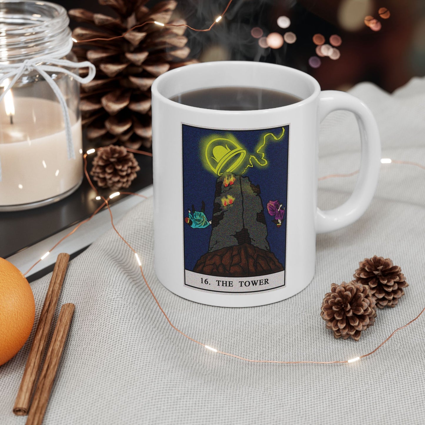 The Tower Tarot Card Coffee Mug - Double Sided Print, White Ceramic, 11oz by TheGlassyLass.com