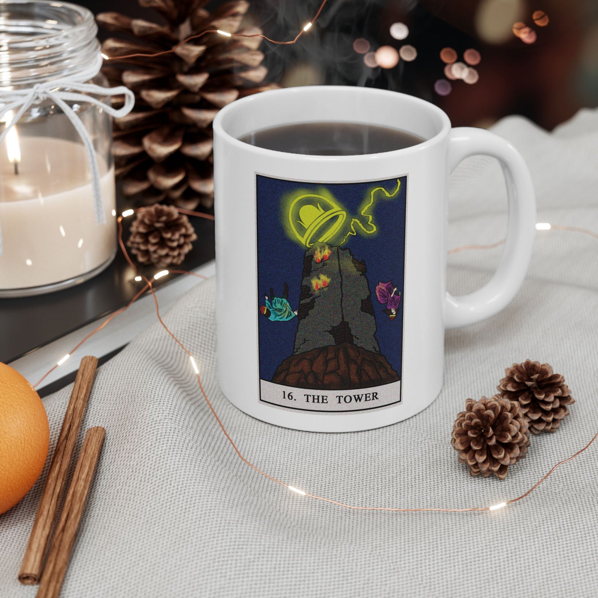 The Tower Tarot Card Coffee Mug - Double Sided Print, White Ceramic, 11oz by TheGlassyLass.com