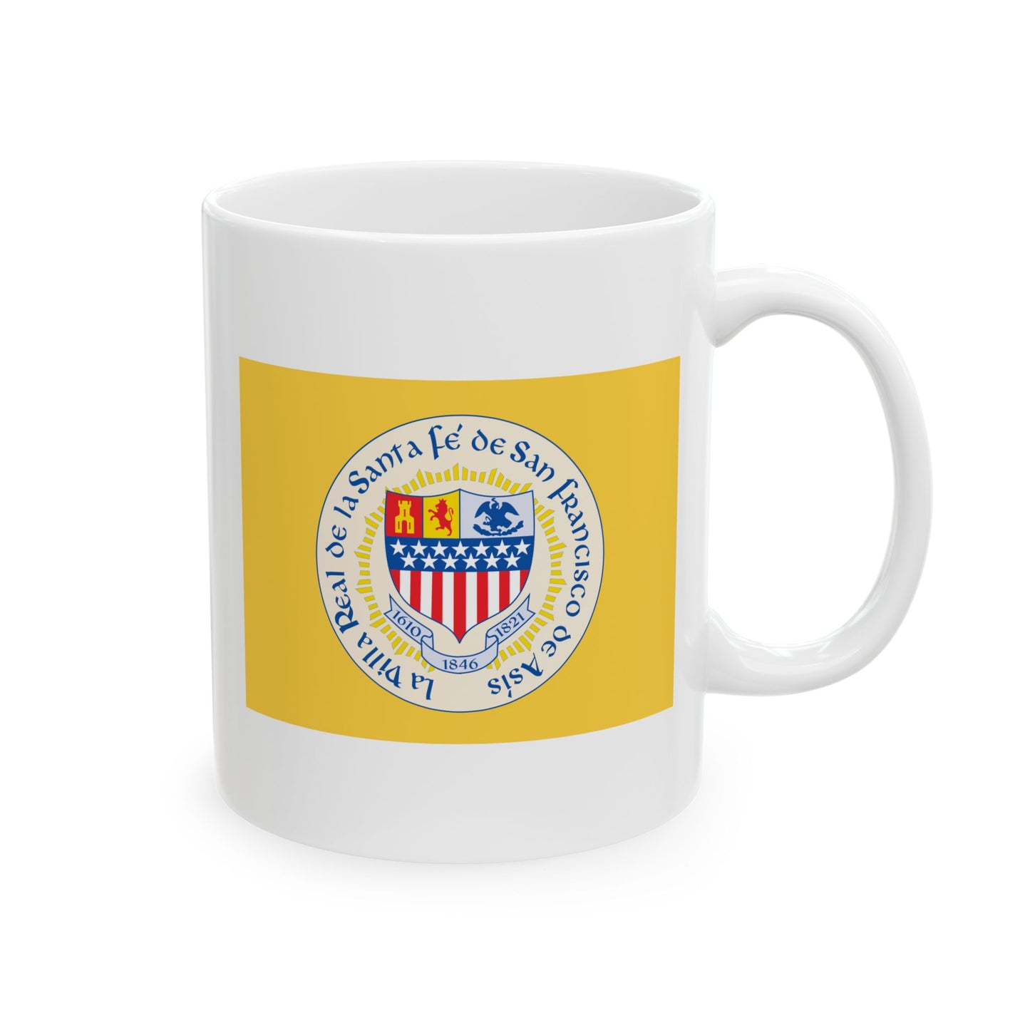 Santa Fe New Mexico Flag Coffee Mug - Double Sided Print, White Ceramic, 11oz by TheGlassyLass