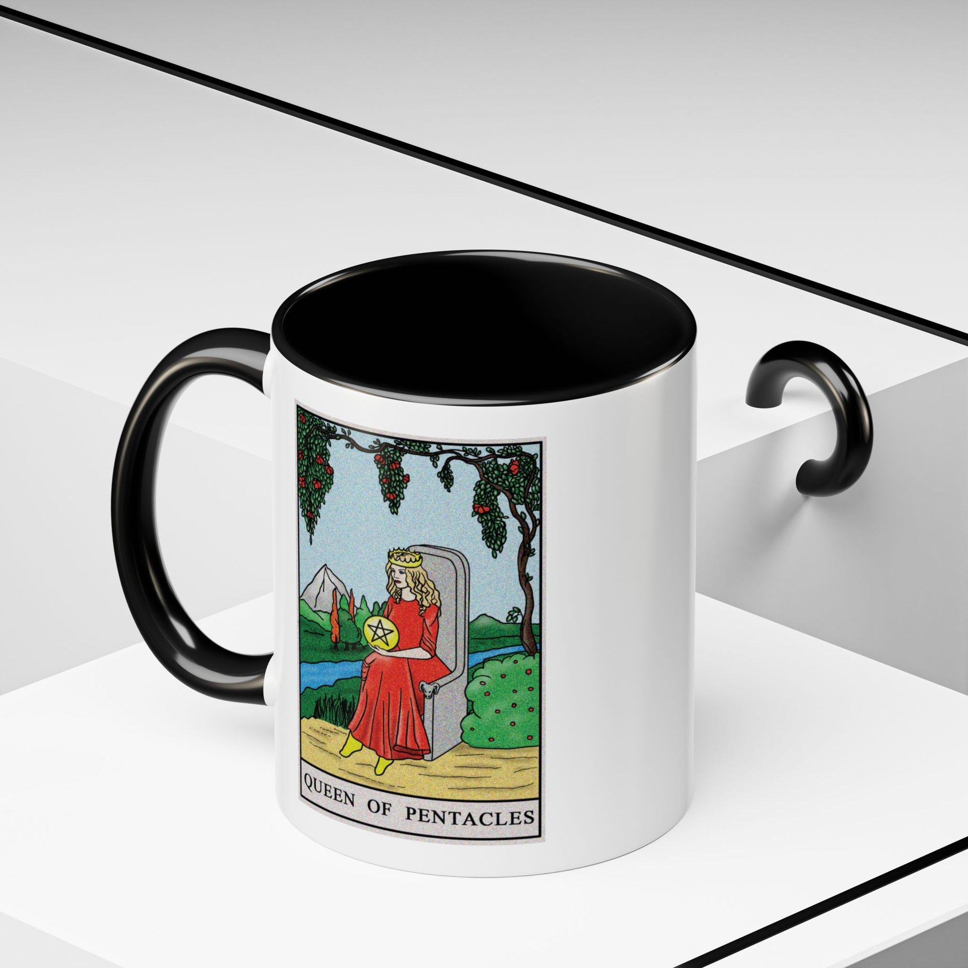 Queen of Pentacles Tarot Card Coffee Mug - Double Sided Print, Black Accent White Ceramic, 11oz by TheGlassyLass.com