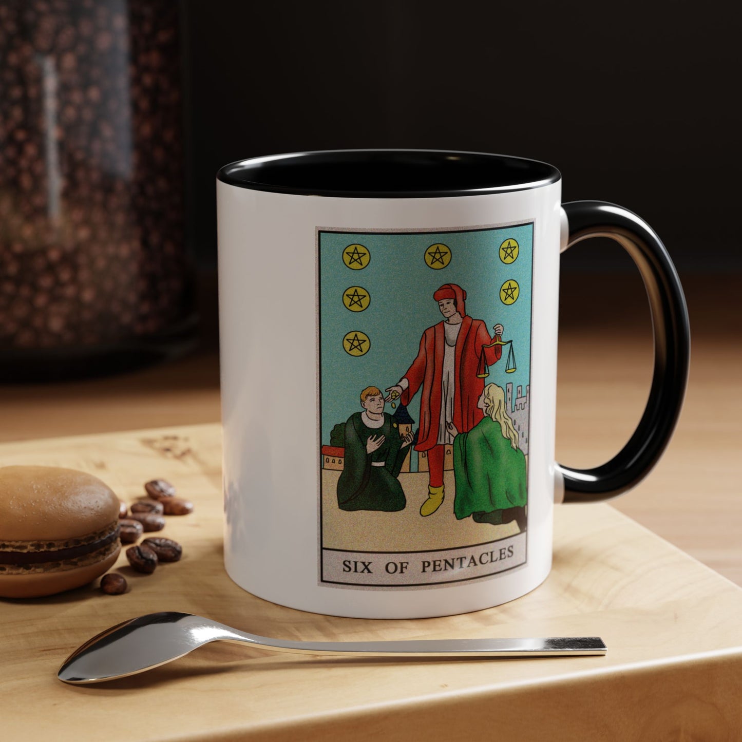 Six of Pentacles Tarot Card Coffee Mug - Double Sided Print, Black Accent White Ceramic, 11oz by TheGlassyLass.com