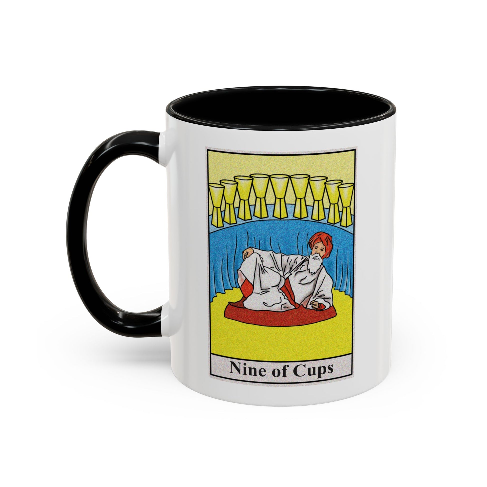 Nine of Cups Tarot Card Coffee Mug - Double Sided Print, Black Accent White Ceramic, 11oz by TheGlassyLass.com
