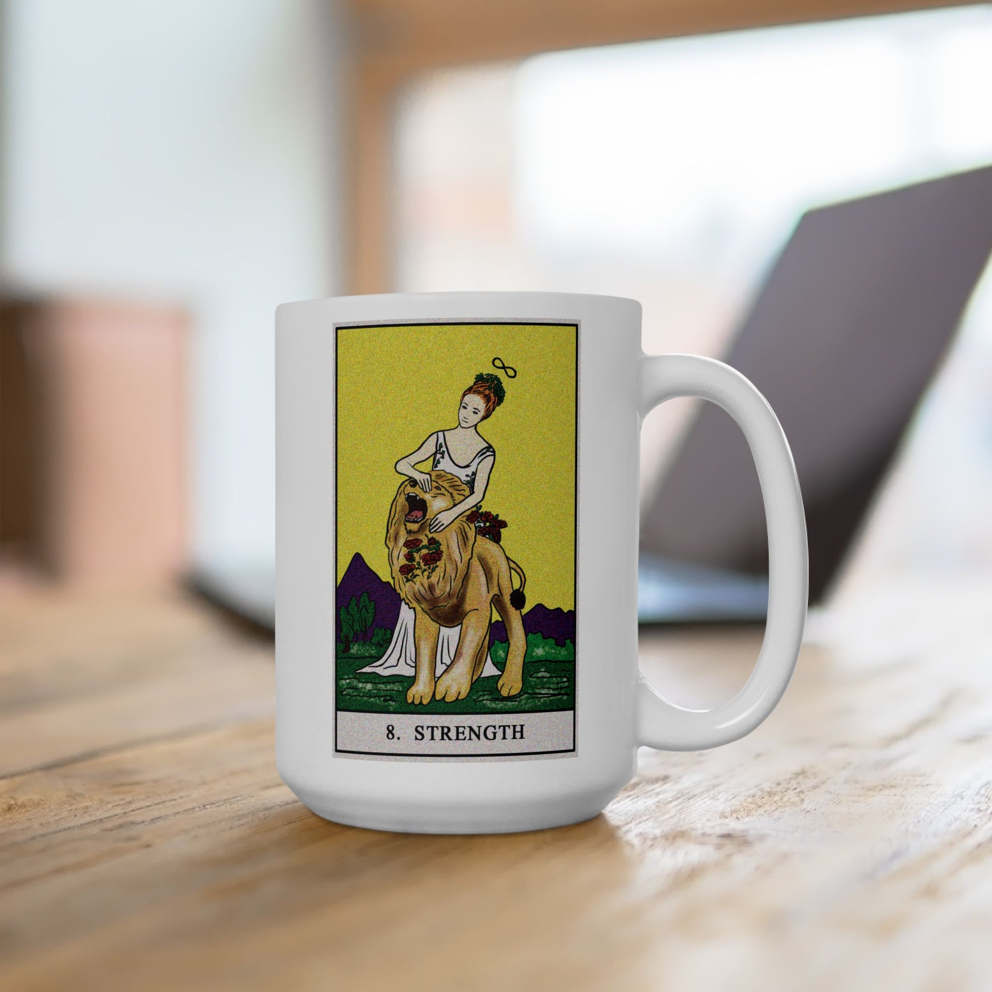 Strength Tarot Card Coffee Mug - Double Sided White Ceramic 15oz by TheGlassyLass.com